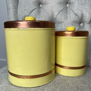 Vintage 2 Yellow Round Metal canisters With Chrome Lids Retro Farmhouse